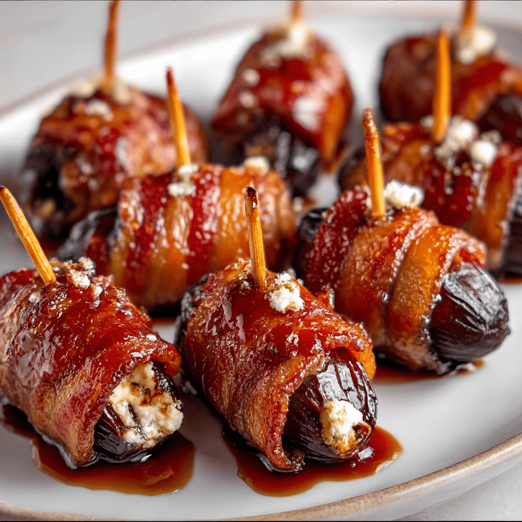 Bacon Wrapped Dates with Goat Cheese and Maple Glaze