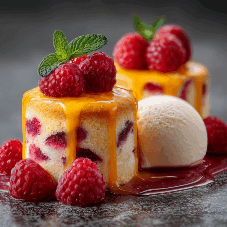 Peach Melba Mini Cakes with Raspberries and Ice Cream