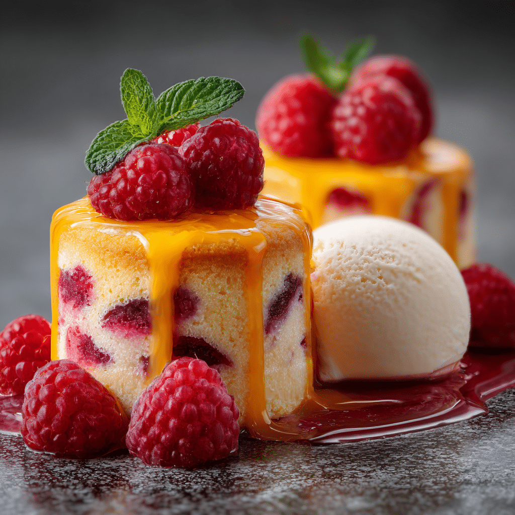 Peach Melba Mini Cakes with Raspberries and Ice Cream