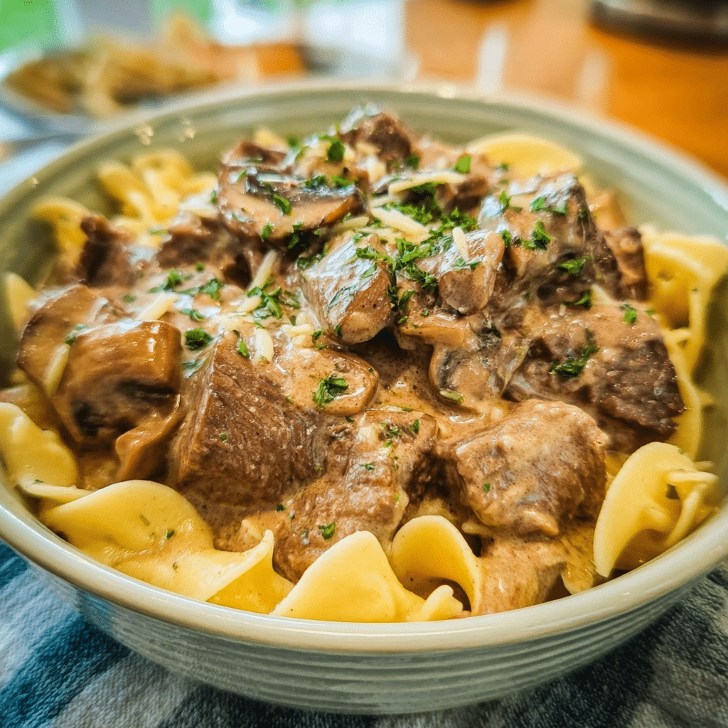 Slow Cooker Beef Stroganoff with Garlic Butter Mushrooms