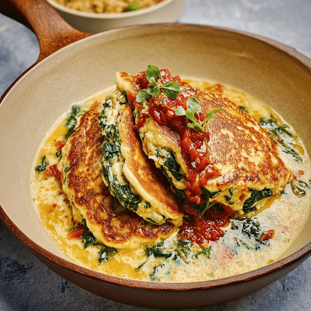 Spinach and Ricotta Pancakes with Tomato Sauce